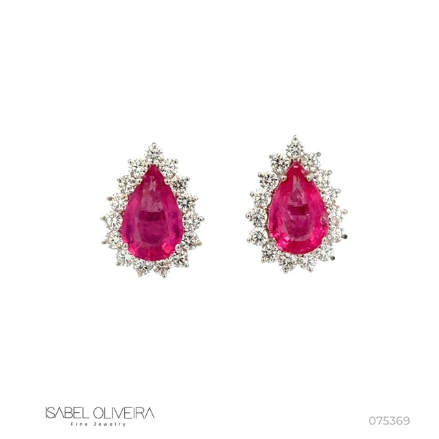 Brinco Classico I 2 Espinelios Vermelhos Gota 4,83CT 30 Brilhantes 1,36CT H VS2 5,79G Ouro Branco 18K - Coleçao Rubelita