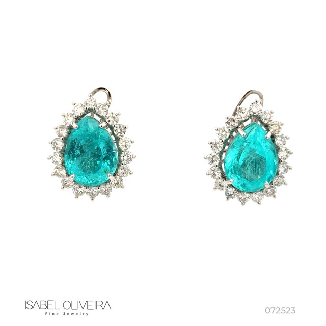 [072523] Brinco 2 Turmalinas Paraíbas Gota 19,86ct com Diamantes em Ouro Branco 18k