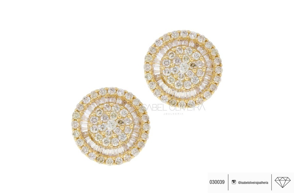 M - Brinco Pizza 14MM 86 Brilhantes 1,14CT Baguetes 0,35CT H VS2 4,64G Ouro Amarelo 18K - Coleçao Pizza