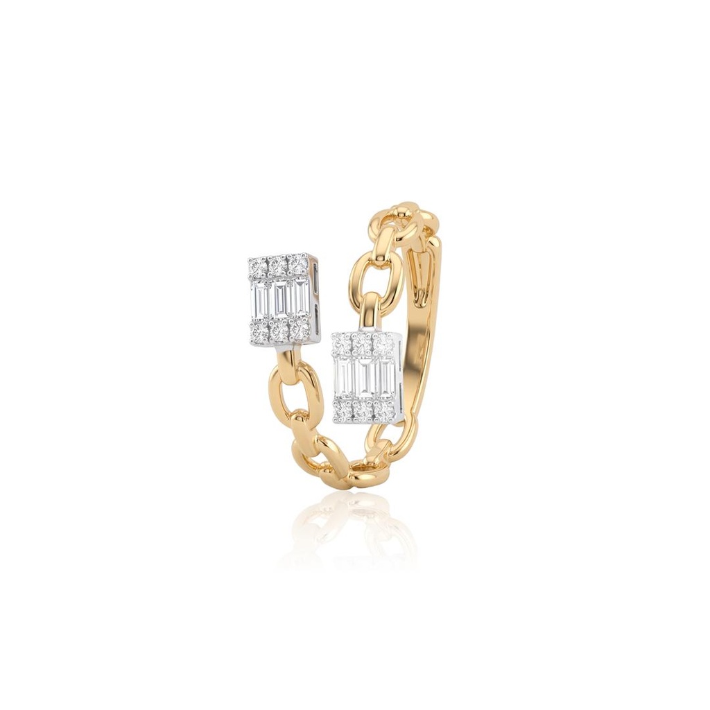 ANEL ABERTO ELOS 6 DIAMANTES BAGUETES 0,22CT 12 BRILHANTES 0,11CT 2,19G OURO AMARELO E BRANCO 18K - COLEÇAO ONASSIS