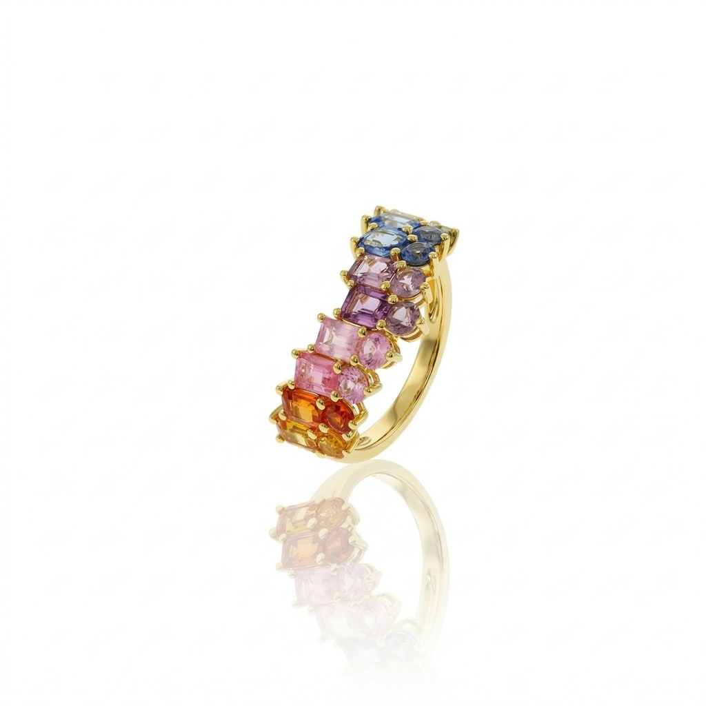 ANEL V RAINBOW 18 SAFIRAS COLORIDAS 3,44CT 3,79G OURO AMARELO 18K - COLEÇAO DAY BY DAY