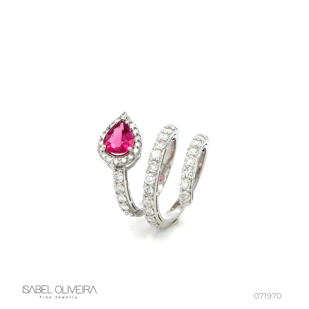 Anel 1 Rubelita Gota 1,08ct com Diamantes em Ouro Branco 18k