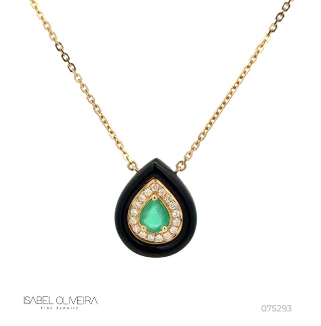 Colar com Agata 1,39CT 1 Esmeralda 0,32CT 17 Brilhantes 0,08CT 43CM 3,05G Ouro Amarelo 18K - Coleçao