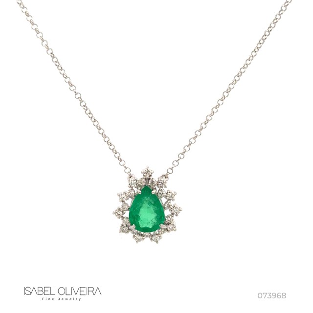 Colar Esmeralda Brasileira Gota 2,09CT 22 Brilhantes 0,48CT H VS1 45CM 4,43G Ouro Branco 18K - Certificado Belmont - Coleçao Gardens