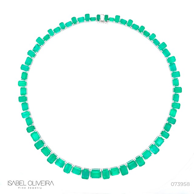 Colar Riviera 63 Esmeraldas Brasileiras Octogonais 56,72CT 41,5CM 48,48G Ouro Branco 18K - Certificado Belmont E14974/ E10425/ E15335/ E14407/ E8281/ E8477- Coleçao Gardens