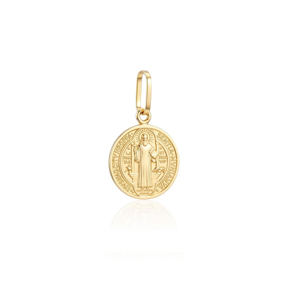 M-Medalha Redonda Sao Bento 12MM 0,90G Ouro Amarelo 18K - Coleçao Fe Misticos