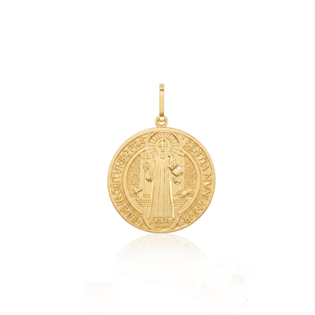 Medalha Redonda Sao Bento de Pe 25MM 8,20G Ouro Amarelo 18K - Coleçao Fe Misticos