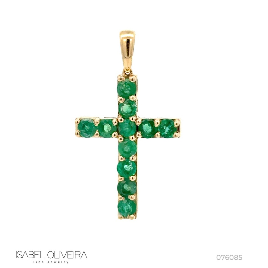 Pingente Cruz 11 Esmeraldas Brasileiras Redonda 2,12CT 4,40G Ouro Amarelo 18K - Coleçao Crucifixo