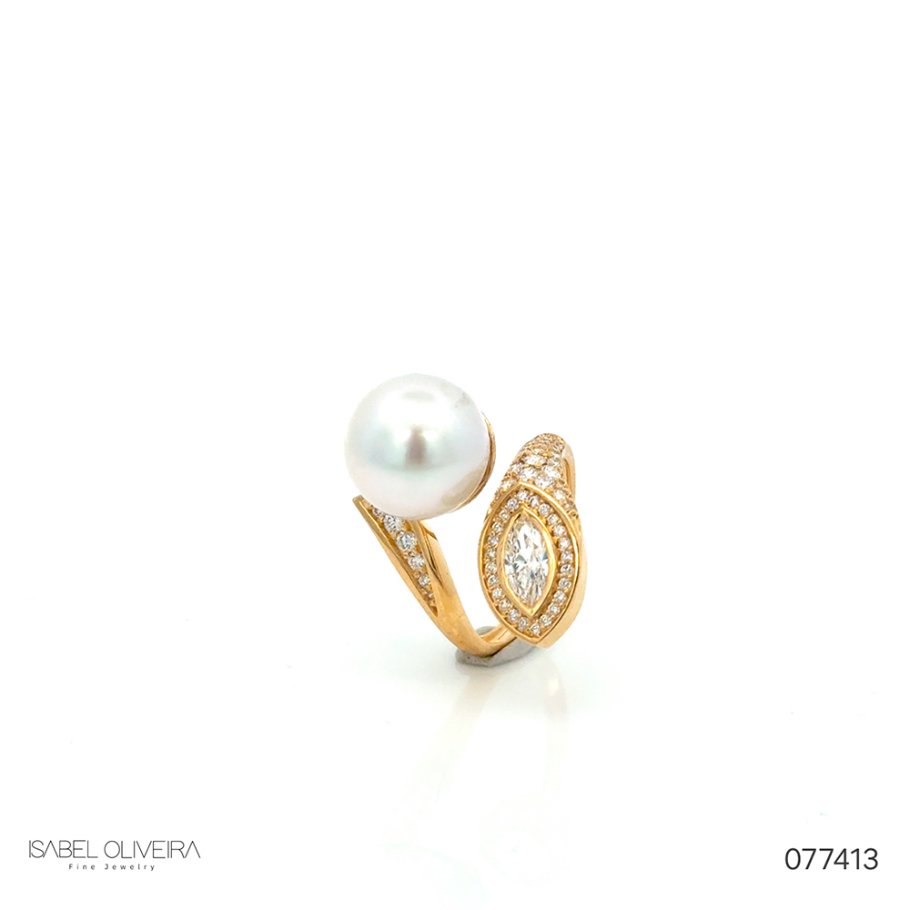 Anel Perola 12Mm Diamante Navete 0,45CT 56 Brilhantes 0,49CT  H Vs2 7,92G Ouro Amarelo 18K - Coleçao Over The Moon