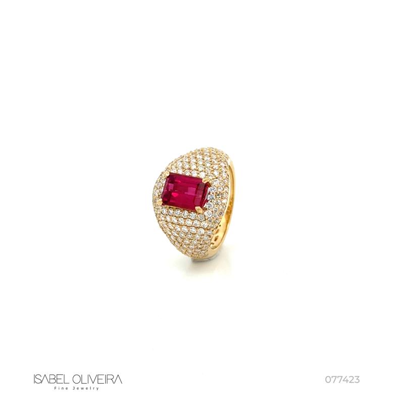 Anel 1 Rubelita 1,83ct com Diamantes em Ouro Amarelo 18k