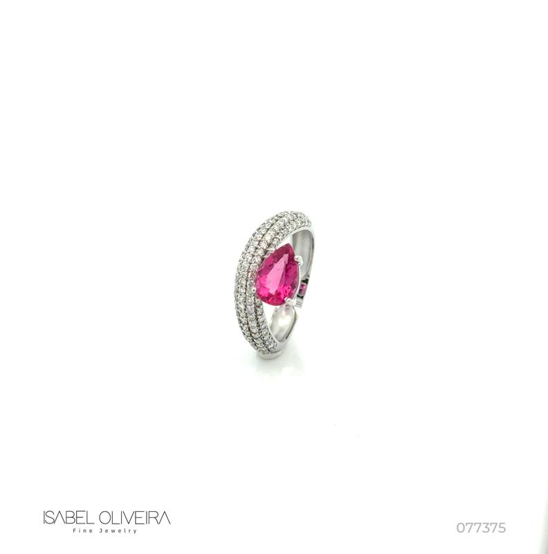 Anel 1 Rubelita 1,39ct com Diamantes em Ouro Branco 18k