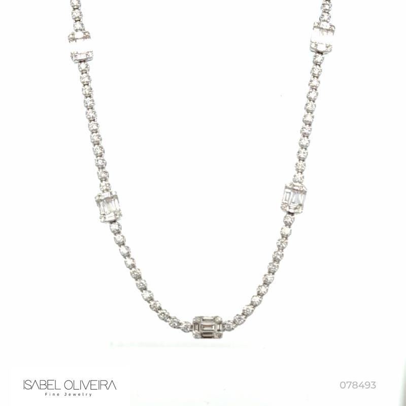 Colar Riviera 25 Diamante Baguetes 0,79CT 84 Brilhantes 1,28CT com Corrente Cartier 40CM 7,0G Ouro Branco 18K - Coleçao Riviera